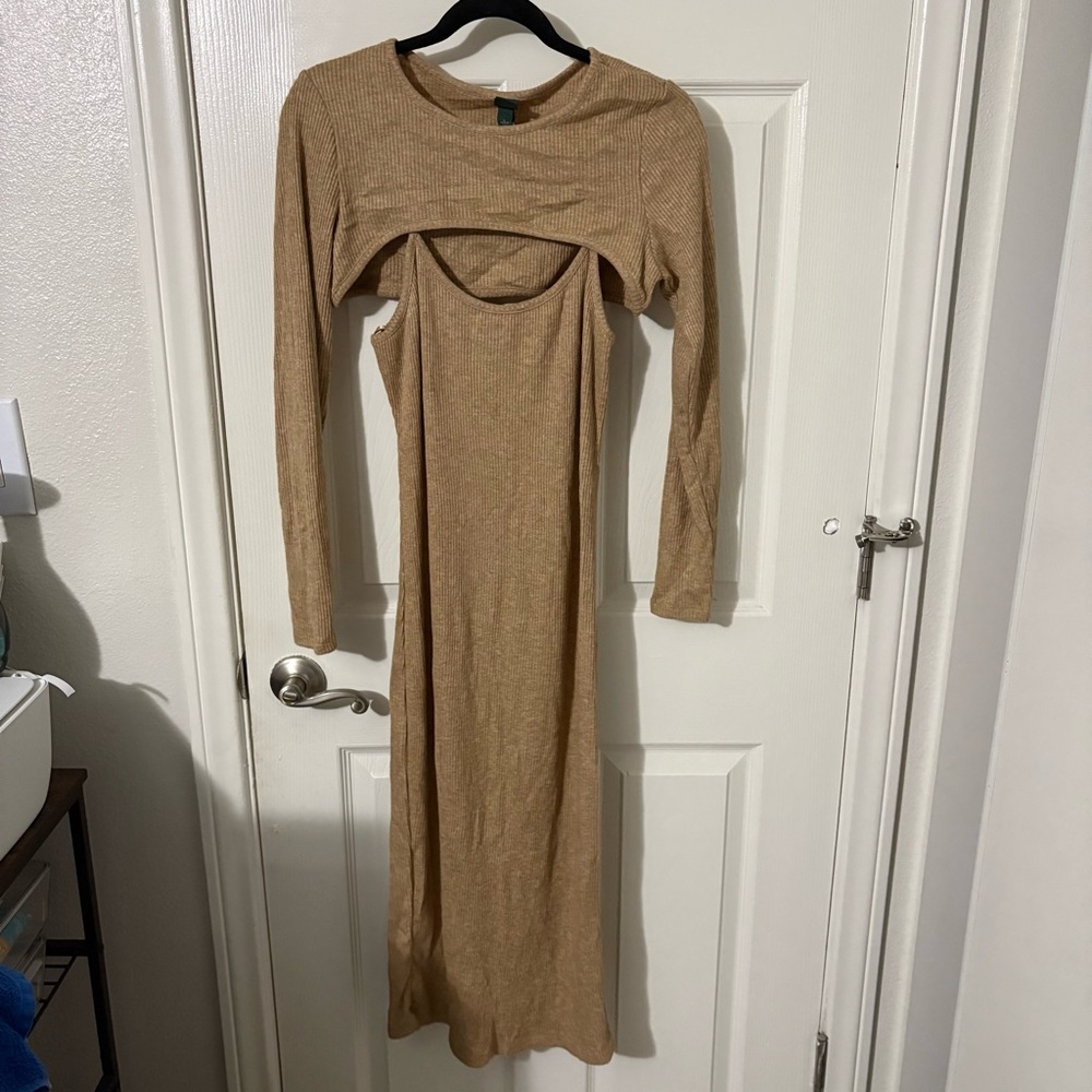 Wild Fable Midi Dress Ribbed Knit Stretch Layered Crop Top Long Sleeve Brown L